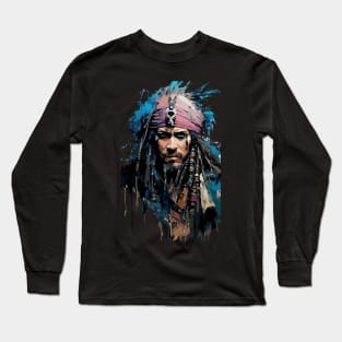 Dangerous Pirate in Old Classic Costume with Furious Face in Ink Painting Style Long Sleeve T-Shirt